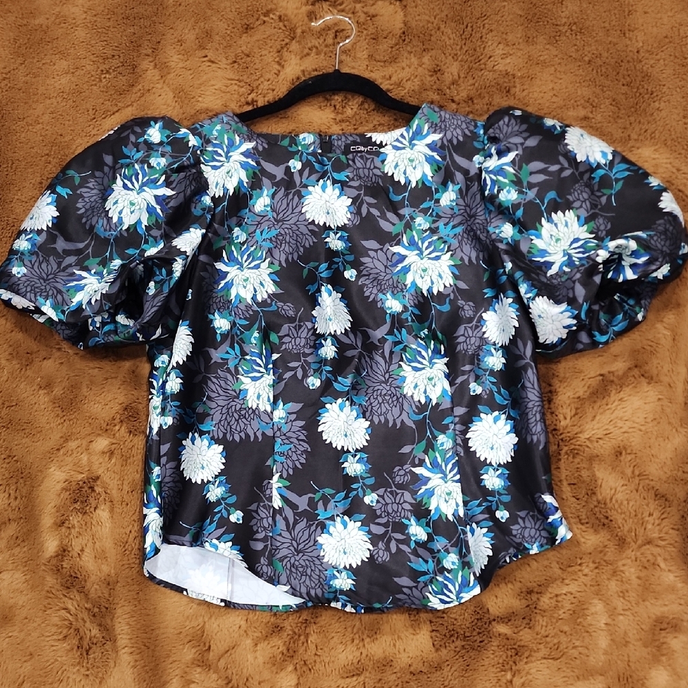 CQ By CQ Large  Floral Puff Sleeve Blouse in Black and Blue and White